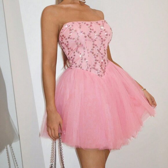 Dusty Pink Romantic Women's Party Strapless Lace Trim Puffy Dress - Picture 4 of 5